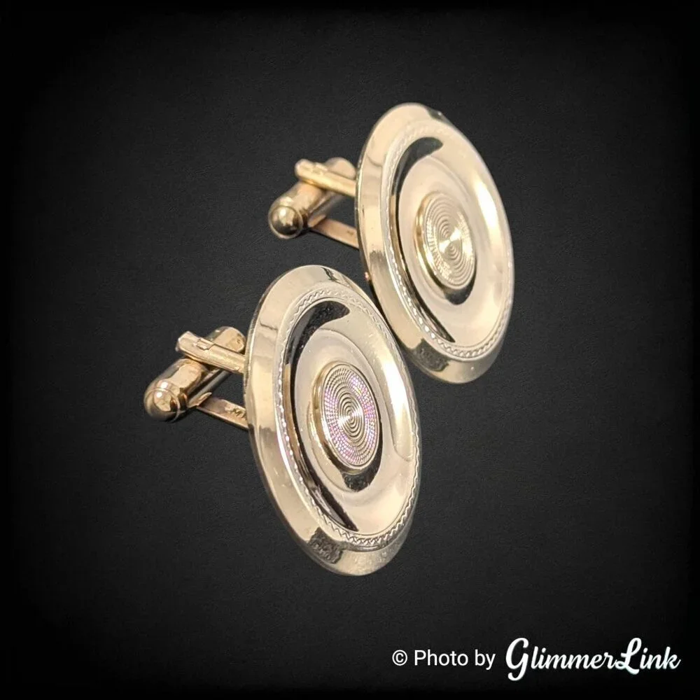 Vintage Mr Tara Art Deco Style Round Circular Etched Gold Tone Cufflinks